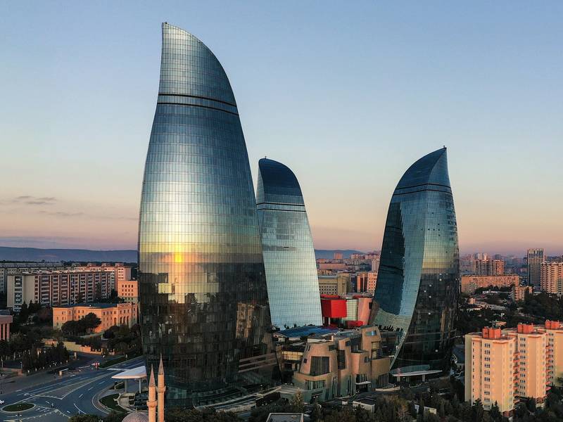 Flame Towers above the city of Baku, Azerbaijan