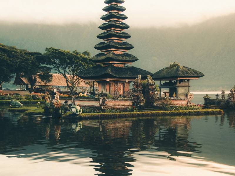 Ulun Danu Beratan temple reflected in a lake in Bali