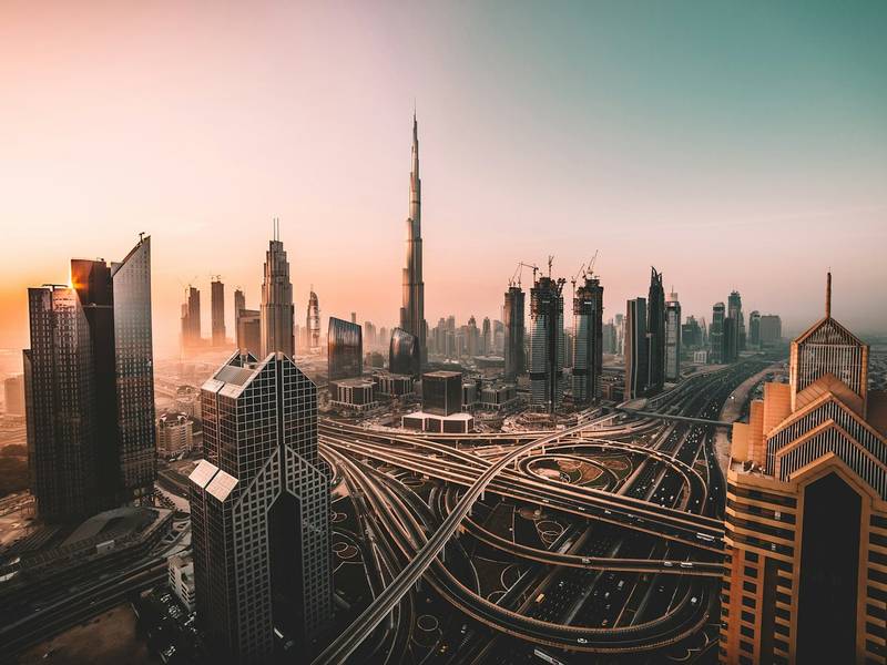 Dubai skyline with the Burj Khalifa at sunset