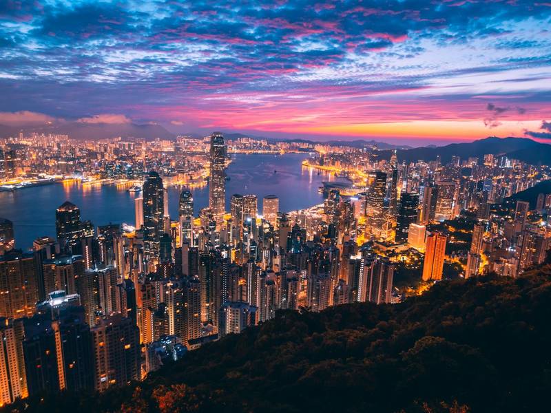 Hong Kong skyline and harbour at dusk from Victoria Peak