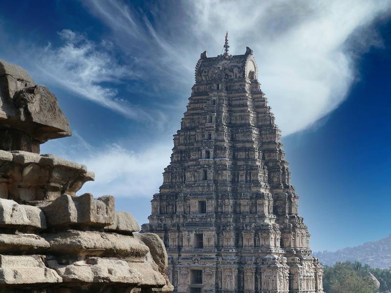 Carved stone temple tower at Hampi, Karnataka