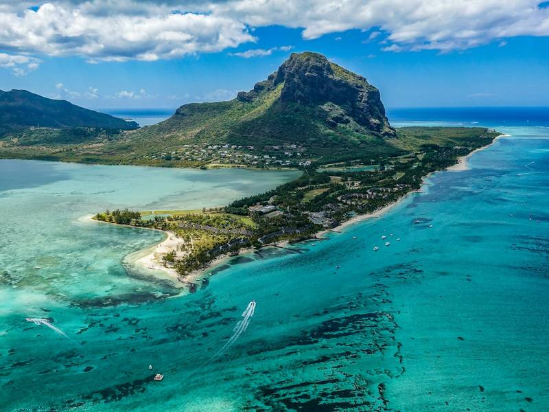 Aerial view of Le Morne peninsula and lagoon in Mauritius